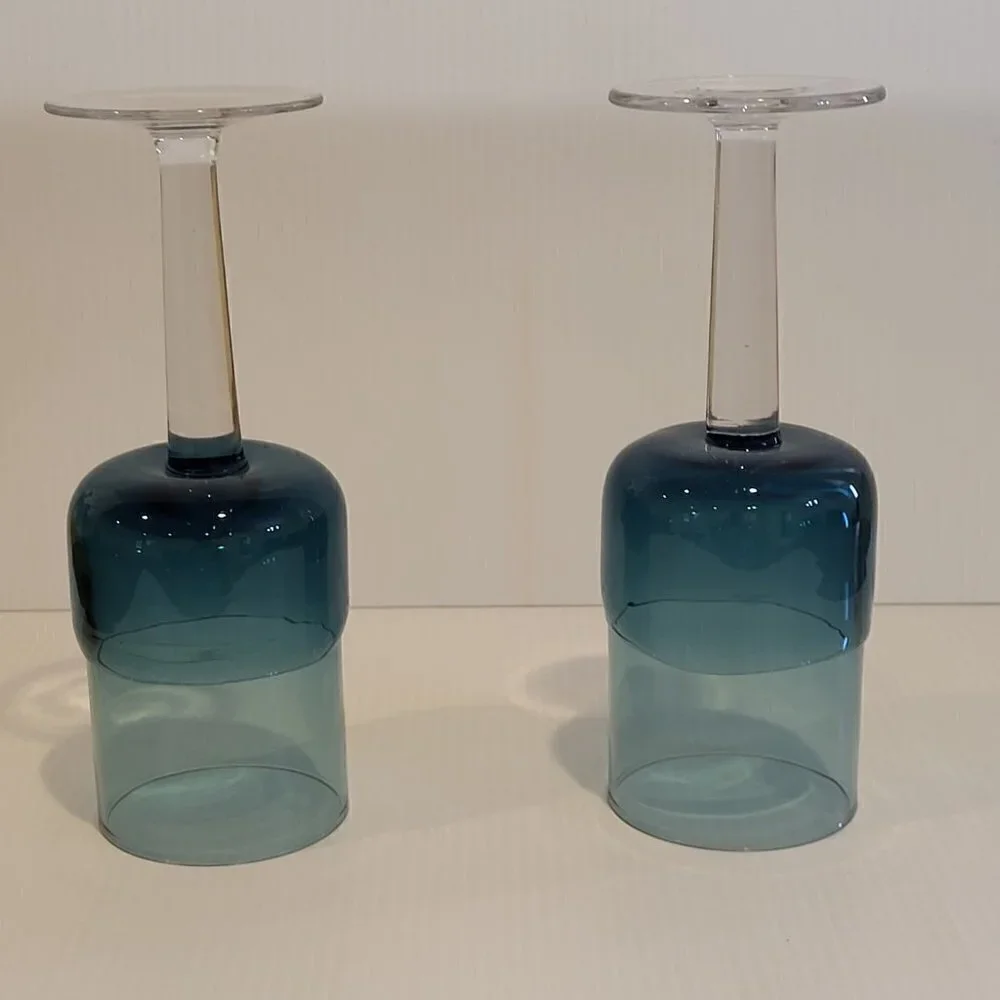 Pier 1 Goblet Blue Water 12 Oz Double Dip Mouth Blown MCM Style Wine Glass Pair